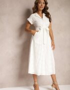 unigirl Rochie Albă Evazată Tip Cămașă din Bumbac cu Broderie Ajurată și Curea Ilosofia