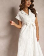 unigirl Rochie Albă Evazată Tip Cămașă din Bumbac cu Broderie Ajurată și Curea Ilosofia