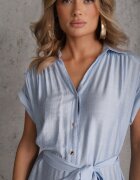 unigirl Rochie Albastră Evazată cu Croială Tip Cămașă Ornată cu Curea în Talie și Nasturi Rosofia