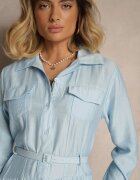unigirl Rochie Albastră Evazată din vâscoză cu nasturi și curea Ronesa