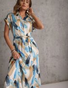 unigirl Rochie Albastră Imprimată Midi cu Guler și Curea Textilă Jenica