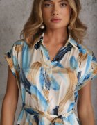 unigirl Rochie Albastră Imprimată Midi cu Guler și Curea Textilă Jenica