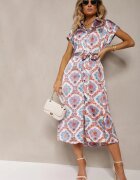 unigirl Rochie Albastru-Roz Evazată Boho din Viscoză cu croială tip cămașă Ornată cu curea Josofia