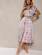 unigirl Rochie Albastru-Roz Evazată Boho din Viscoză cu croială tip cămașă Ornată cu curea Josofia