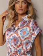 unigirl Rochie Albastru-Roz Evazată Boho din Viscoză cu croială tip cămașă Ornată cu curea Josofia