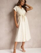 unigirl Rochie Bej Cloș Tip cămașă din Bumbac cu broderie ajurată și Curea Ilosofia