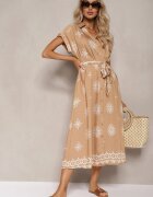 unigirl Rochie Bej cu Adaos de Viscoză Stil Cămașă Finisată cu Centură și Nasturi Mivavia