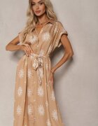 unigirl Rochie Bej cu Adaos de Viscoză Stil Cămașă Finisată cu Centură și Nasturi Mivavia