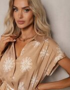 unigirl Rochie Bej cu Adaos de Viscoză Stil Cămașă Finisată cu Centură și Nasturi Mivavia