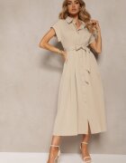 unigirl Rochie Bej cu croială evazată încheiată cu nasturi cu cordon textil Moaril