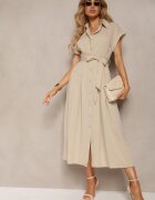 unigirl Rochie Bej cu croială evazată încheiată cu nasturi cu cordon textil Moaril