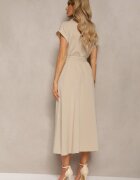 unigirl Rochie Bej cu croială evazată încheiată cu nasturi cu cordon textil Moaril