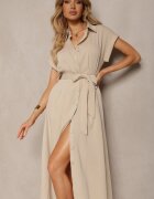 unigirl Rochie Bej cu croială evazată încheiată cu nasturi cu cordon textil Moaril