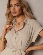unigirl Rochie Bej cu croială evazată încheiată cu nasturi cu cordon textil Moaril