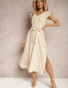 unigirl Rochie Bej cu curea din material decorată cu decupaje și cirkonii cu volan Holline