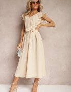 unigirl Rochie Bej cu curea din material decorată cu decupaje și cirkonii cu volan Holline