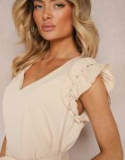 unigirl Rochie Bej cu curea din material decorată cu decupaje și cirkonii cu volan Holline