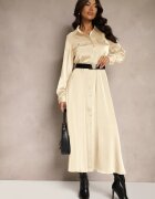 unigirl Rochie bej de satin stil cămașă cu buzunare false și curea Vaminay