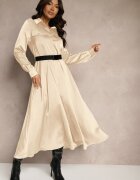 unigirl Rochie bej de satin stil cămașă cu buzunare false și curea Vaminay