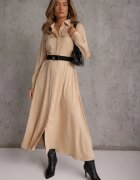 unigirl Rochie bej de satin stil cămașă cu buzunare false și curea Vaminay