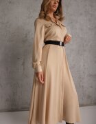 unigirl Rochie bej de satin stil cămașă cu buzunare false și curea Vaminay