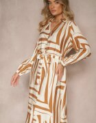 unigirl Rochie Bej din vâscoză cu croială tip cămașă cu imprimeu geometric Ninatria