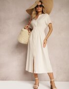 unigirl Rochie bej din vâscoză evazată stil cămașă cu nasturi cu elastic în talie Fuvlea