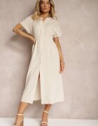 unigirl Rochie bej din vâscoză evazată stil cămașă cu nasturi cu elastic în talie Fuvlea
