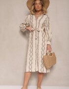 unigirl Rochie Bej din Viscoză stil Cămașă cu Broderie și Cordon Salliene