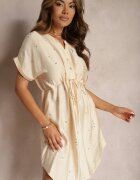 unigirl Rochie bej dreaptă cu șnur în talie și decorată cu zirconii Quilefia