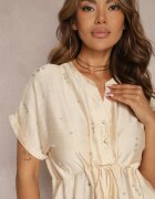 unigirl Rochie bej dreaptă cu șnur în talie și decorată cu zirconii Quilefia