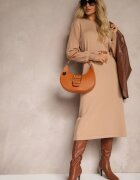 unigirl Rochie Bej închis cu adaos de vâscoză cu centură și mâneci decorative Daiviane