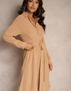 unigirl Rochie Bej închis Midi cu guler și curea din material Rasik