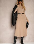 unigirl Rochie Bej închis tricotată cu curea elegantă și cu adaos de lână Nirillia