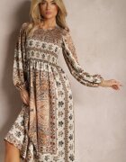 unigirl Rochie bej Maxi Boho cu Mânecă Bufantă și cu Poală Evazată Veltiana