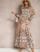 unigirl Rochie bej Maxi Boho cu Mânecă Bufantă și cu Poală Evazată Veltiana