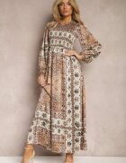 unigirl Rochie bej Maxi Boho cu Mânecă Bufantă și cu Poală Evazată Veltiana