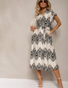 unigirl Rochie Bej-Negru Boho cu nasturi din viscoză decorată cu o curea Mosofia