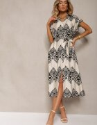 unigirl Rochie Bej-Negru Boho cu nasturi din viscoză decorată cu o curea Mosofia