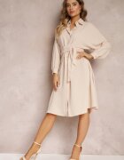 unigirl Rochie Bej Stil cămașă Trapezoidală cu Centură Legată Kohana
