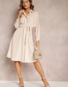 unigirl Rochie Bej Stil cămașă Trapezoidală cu Centură Legată Kohana