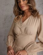 unigirl Rochie Bej Tip Corset din Viscoză cu Nasturi și Mâneci Bufante Ahlite