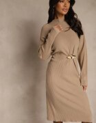 unigirl Rochie Bej Tip Pulover cu Viscoză Decorată cu Broșă Metalică Titavea