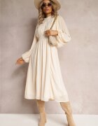 unigirl Rochie Bejă Evazată Midi cu Elastic în Talie și Dantelă Ottillda