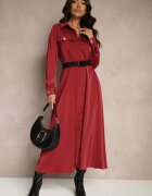 unigirl Rochie bordo de satin tip cămașă cu imitații de buzunare și curea Vaminay