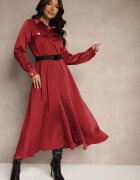 unigirl Rochie bordo de satin tip cămașă cu imitații de buzunare și curea Vaminay