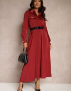 unigirl Rochie bordo de satin tip cămașă cu imitații de buzunare și curea Vaminay