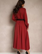 unigirl Rochie bordo de satin tip cămașă cu imitații de buzunare și curea Vaminay