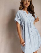 unigirl Rochie Boxy Albastră cu șnur în talie și decorată cu zirconii Quilefia