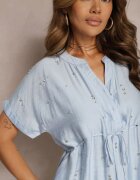 unigirl Rochie Boxy Albastră cu șnur în talie și decorată cu zirconii Quilefia